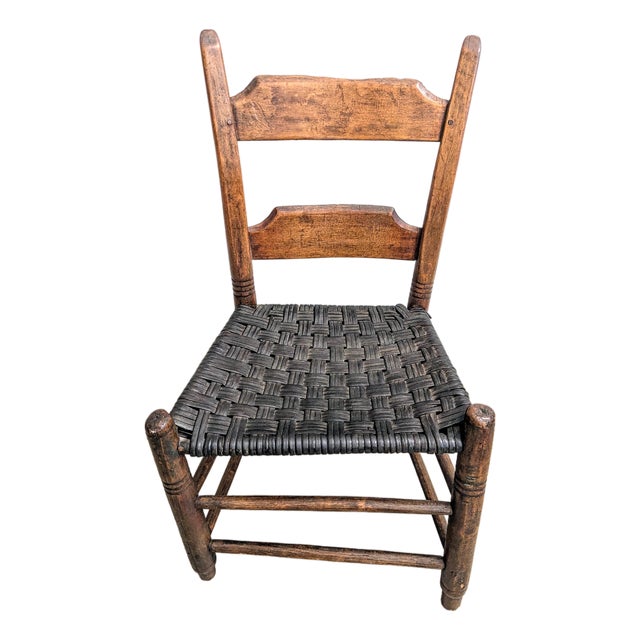 19th Century Early American Primitive Child's Ladderback Chair With Woven Leather Seat For Sale