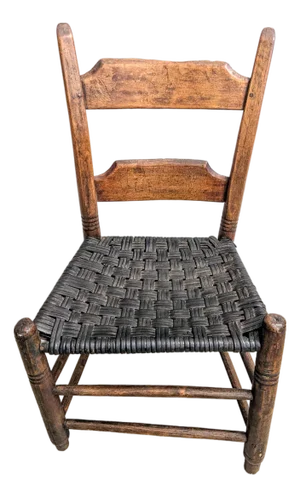 19th Century Primitive Child's Ladderback Chair With Woven Leather Seat