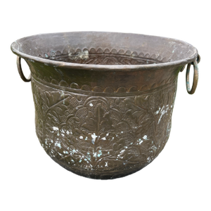Vintage Patinated Hammered Brass Planter/Jardiniere Ring Handles Repousse Floral Design
