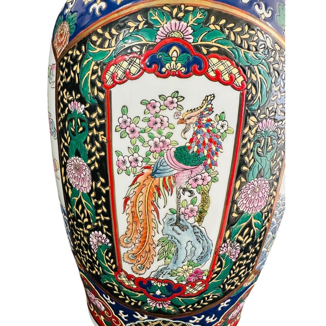 Ceramic Vibrant Vintage 1970s Chinese Famille Rose Medallion Floor Vase | Chinoiserie Grand Decor With Foo Dog Handles For Sale - Image 7 of 15