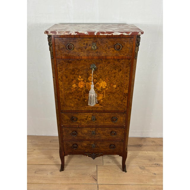1930s French Louis XVI Style Burl Wood Secretary Chest with Marble Top, 1930s For Sale - Image 5 of 16