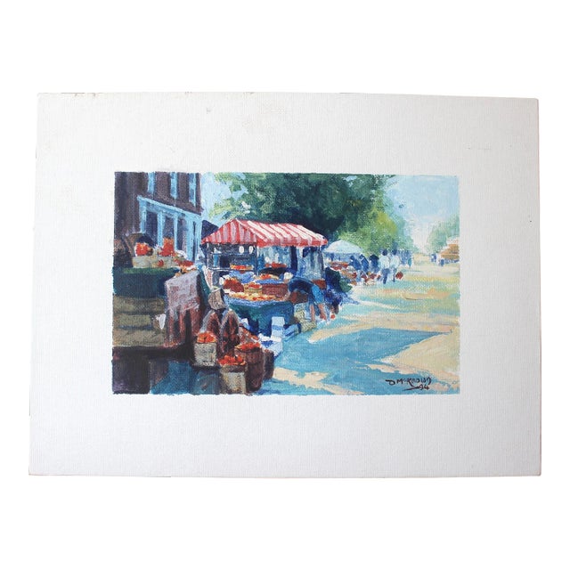 Vintage Painting of a Market, Original Art, Unframed Painting on Canvas Board, Signed For Sale
