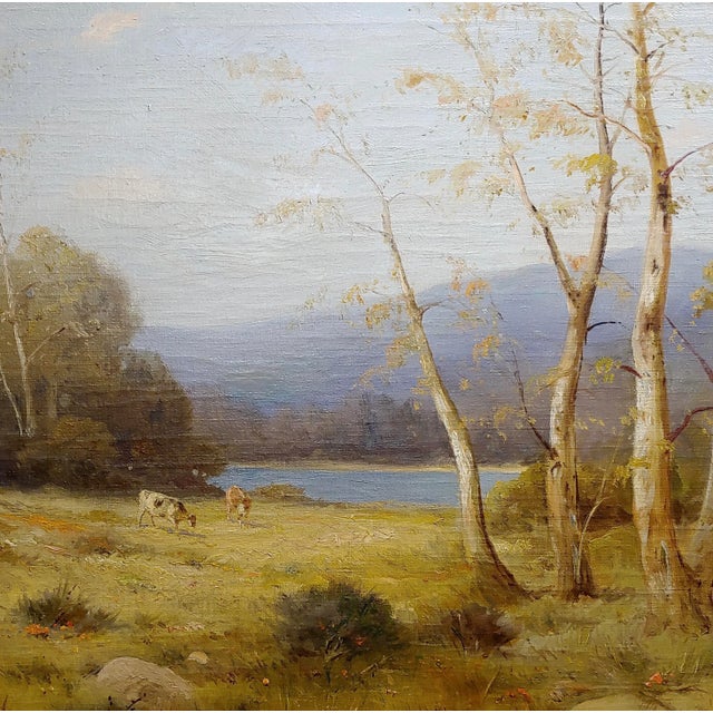 Quaint Pastoral Landscape by the Lake -19th Century Oil Painting For Sale - Image 4 of 10