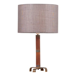 Wooden Table Lamp with Grey Lampshade, 1950s For Sale
