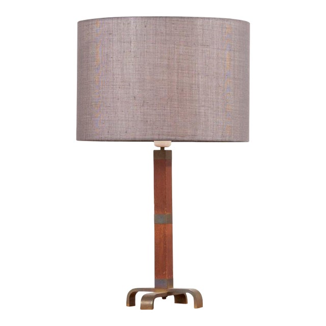 Wooden Table Lamp with Grey Lampshade, 1950s For Sale