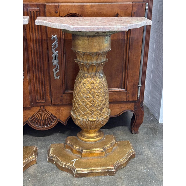 Pair of Carved Giltwood Pineapple Consoles With Marble Tops For Sale - Image 4 of 16