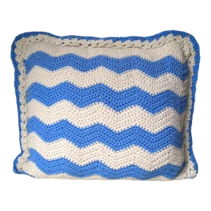 Vintage Handcrafted Crocheted Blue and White Chevron Pillow