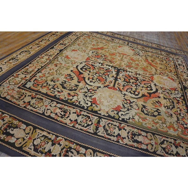 French 1870s Tan Camel Medallion Antique French Needlepoint Rug 11' X 11' Flatweave Wool Silk Carpet For Sale - Image 3 of 11