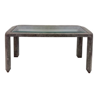 Maitland-Smith Tessellated Marble Console Table, Beveled Glass and Brass Trim For Sale
