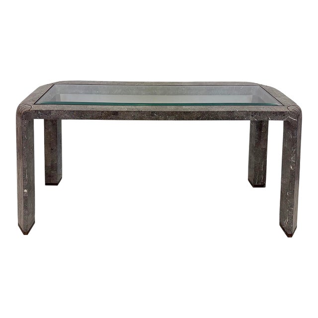 Maitland-Smith Tessellated Marble Console Table, Beveled Glass and Brass Trim For Sale