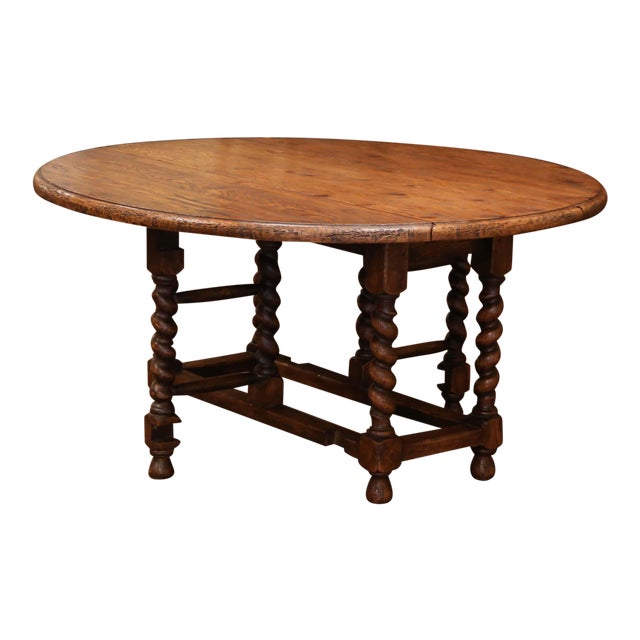 Vintage French Carved Oak Barley Twist Gate Leg Drop Leaf Round Table