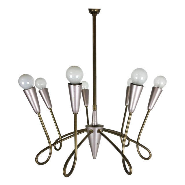 Large Italian Brass Hanging Chandelier Light Sconces in the Style of Stilnovo, 1950s For Sale
