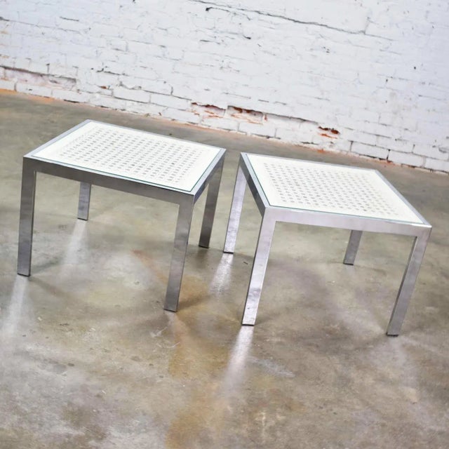 Mid 20th Century Mid-Century Modern to Modern Side Tables Chrome and White Cane Square Glass Top, a Pair For Sale - Image 5 of 13