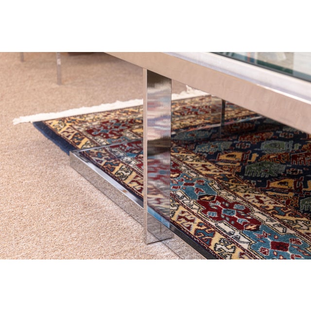 Milo Baughman Vintage 1970s Milo Baughman Chrome Glass & Travertine Stone Square Coffee Table For Sale - Image 4 of 7