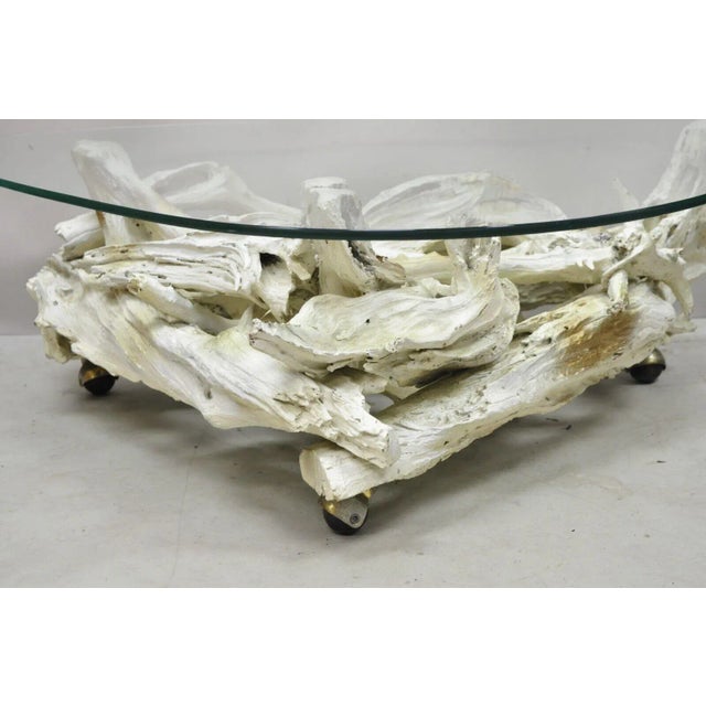 Vintage Mid Century Modern White Driftwood Base Glass Top Coffee Table