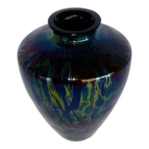Vintage Mini Blue Oil Spot Art Glass Vase