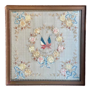 French American Flags Hand-Embroidered Silk Sampler Textile, Framed For Sale