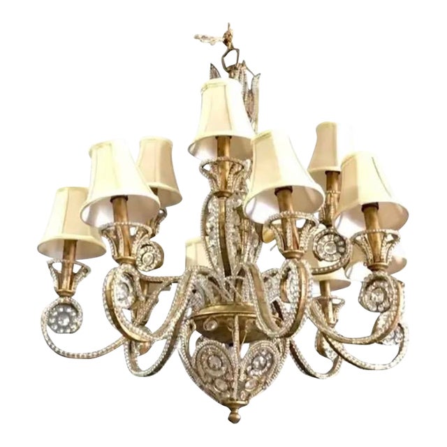 Gilt Iron and Crystal Beaded Chandelier, Belle Époque Style For Sale