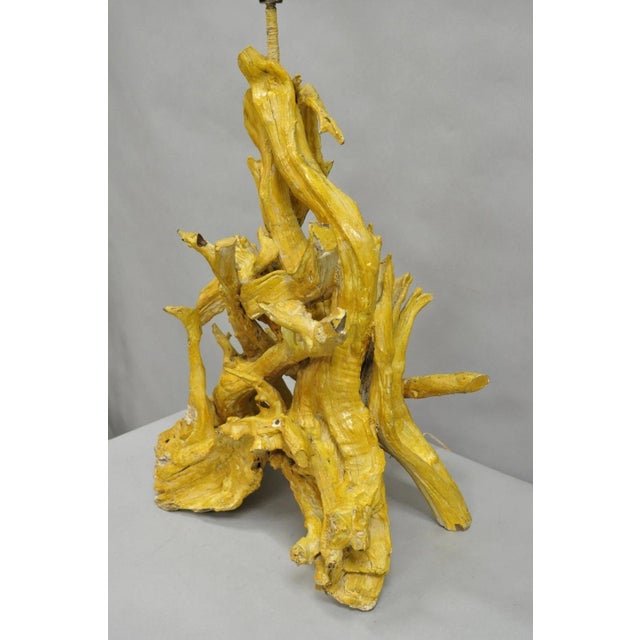 Vintage Mid Century Modern Large Driftwood Yellow Painted Tiki Room Table Lamp For Sale - Image 12 of 12