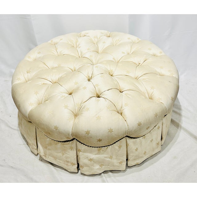 Vintage Henredon Silk Tufted Button Top Circular Ottoman. Box pleated skirt & vintage star-patterned silk. 40 round, 15.5 H