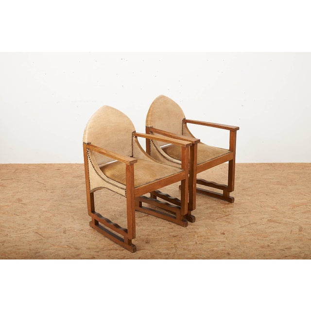 Wood Arts and Crafts Oak Armchairs with Velour Upholstery, Set of 2 For Sale - Image 7 of 13