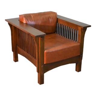 Crafters and Weavers Arts and Crafts Craftsman Crofter Style Armchair in Russet Brown Leather For Sale