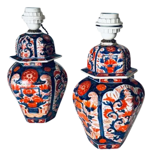 Early 20th-Century Japanese Table Lamps with Floral Motifs in Orange and Blue, Set of 2
