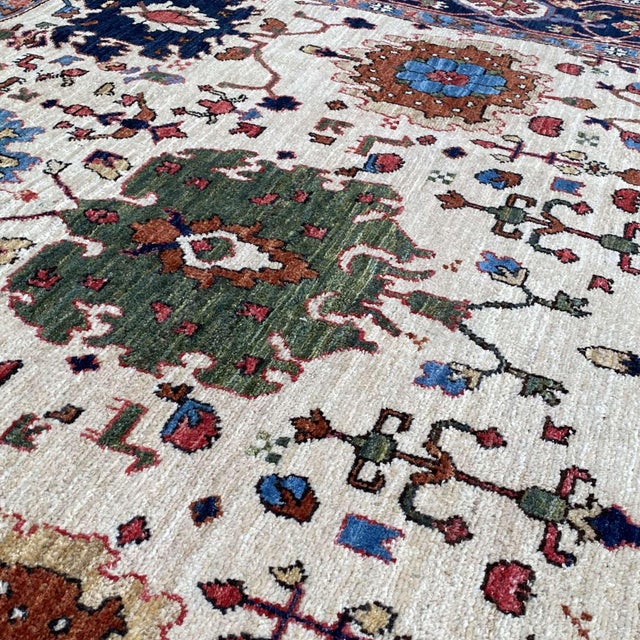 Fine Ivory Persian Serapi Hand-Knotted Wool Rug - 6'1" X 9'1" For Sale - Image 13 of 18