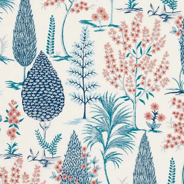 This fanciful design features a colorful, loose grove of stylized trees delicately embroidered on a linen ground for a...