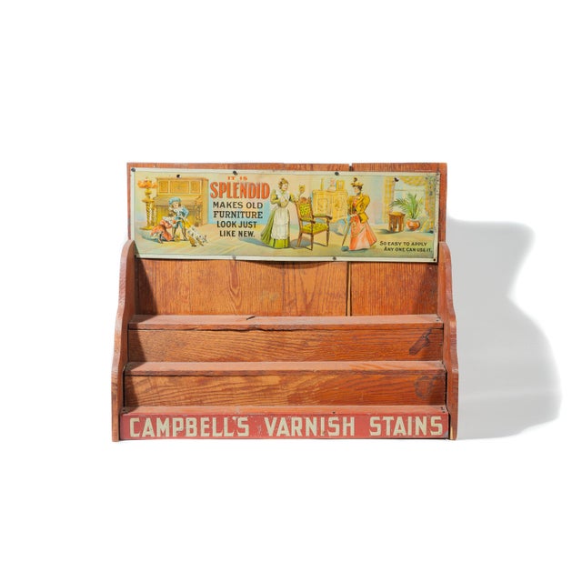c. 1900s-1910s; Campbell's Varnish Stains - Chicago, IL Countertop display stand with lithographed tin advertising panel...