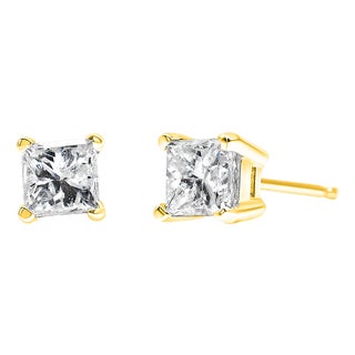14K Yellow Gold Clarity Enhanced Princess Cut Diamond Certified Stud Earrings (0.50 cttw, H-I Color, I1-I2 Clarity) For Sale
