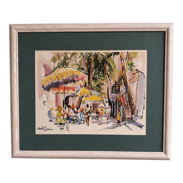 Original Cecile Ryden Johnson Tropical Courtyard Watercolor, Professionally Framed For Sale