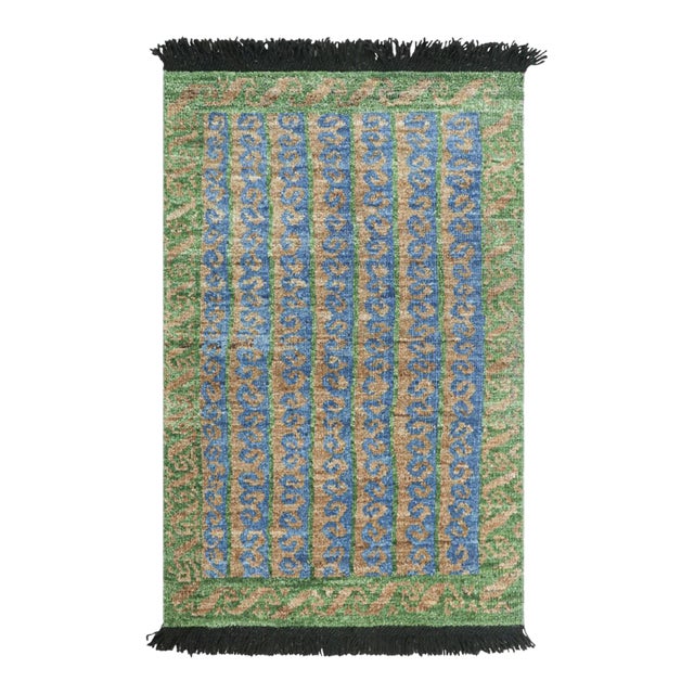 Rug & Kilim’s Tribal Rug in Blue, Green, and Beige Geometric Patterns For Sale