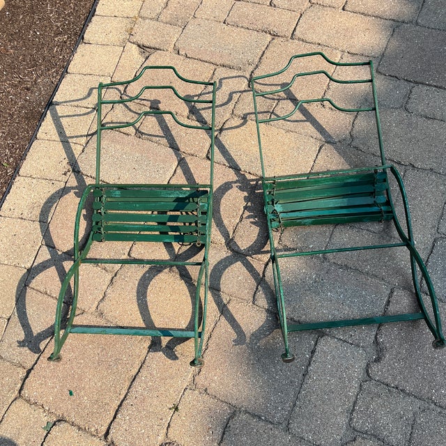 Vintage French style folding garden chairs. Seat depth:15.5. Width (just the slats)15.5” Height 16” Chipping to the paint...