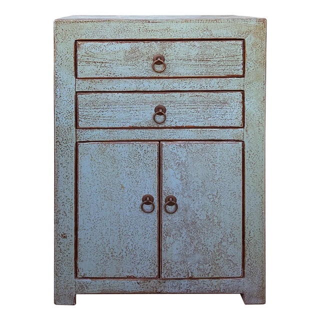 Distressed Marks Gray Blue 2 Drawers End Table Nightstand For Sale