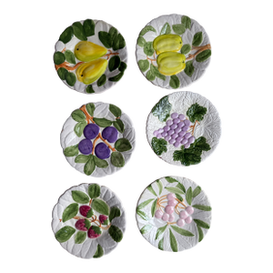 Vintage Shafford Fruit Du Jour Plates Set of Six 8.25 Inch Majolica Style Ceramic Dinnerware