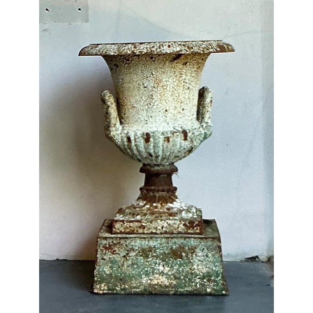 Vintage Regency Distressed Wrought Iron Urn For Sale In West Palm - Image 6 of 7