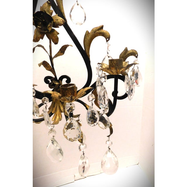 Metal Black and Gold Gilt Metal Floral Wall Sconce, Teardrop Crystals, Candleholders For Sale - Image 7 of 14