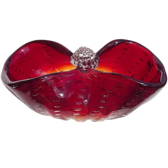 Vintage Murano Red Orange Amberina Controlled Bubbles Italian Art Glass Basket Shape Bowl For Sale In Orlando - Image 6 of 6