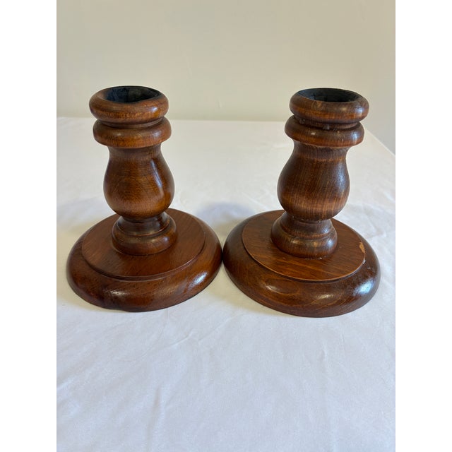 Mid-Century Modern Rustic Turned Wood Candlestick Holders, Pair For Sale - Image 3 of 7