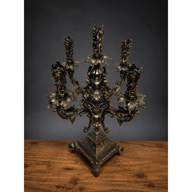 Gothic Medieval-Style Five-Branch Bronze Candleholder For Sale - Image 3 of 4