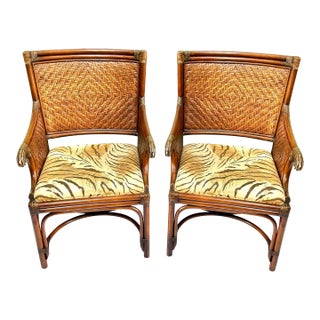 Vintage Bamboo & Rattan Arm Chairs – Pair of Wicker Dining or Accent Chairs With Upholstered Seats For Sale