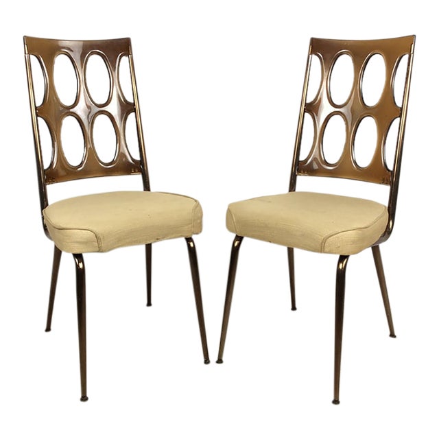 Mid Century Modern Pair of Chairs With Smoked Lucite Seat Back and Vintage Upholstery by Chromecraft For Sale