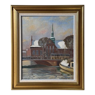 E. Kjer Winter Canal Landscape Painting Vintage Mid-Century Modern 1970s For Sale