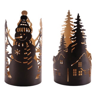 Cut Metal Snowman and Cabin Candle Holder (Set of 2) For Sale