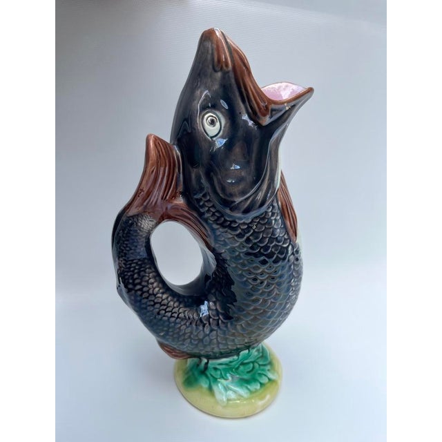 Rustic Antique Majolica Fish Gurgle Jug Pitcher For Sale - Image 3 of 9