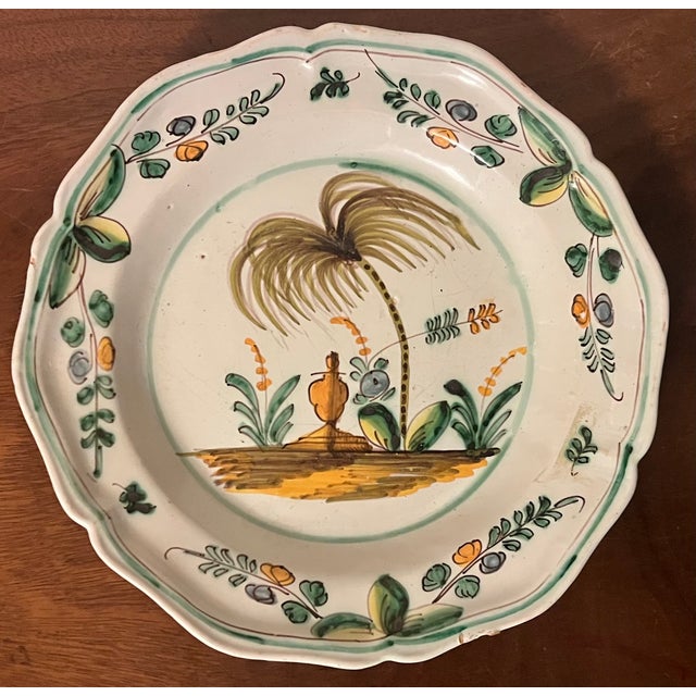 French Provincial Antique Early 19th Century French Faience Pottery Plate With Mediterranean Palm Tree & Urn Garden Landscape For Sale - Image 3 of 7