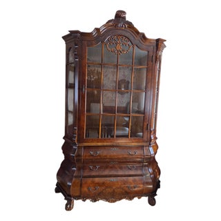 Antique Burlwood Walnut Dutch Bombe Display China Cabinet Hutch Curio Baroque For Sale