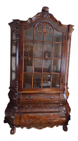 Antique Burlwood Walnut Dutch Bombe Display China Cabinet Hutch Curio Baroque