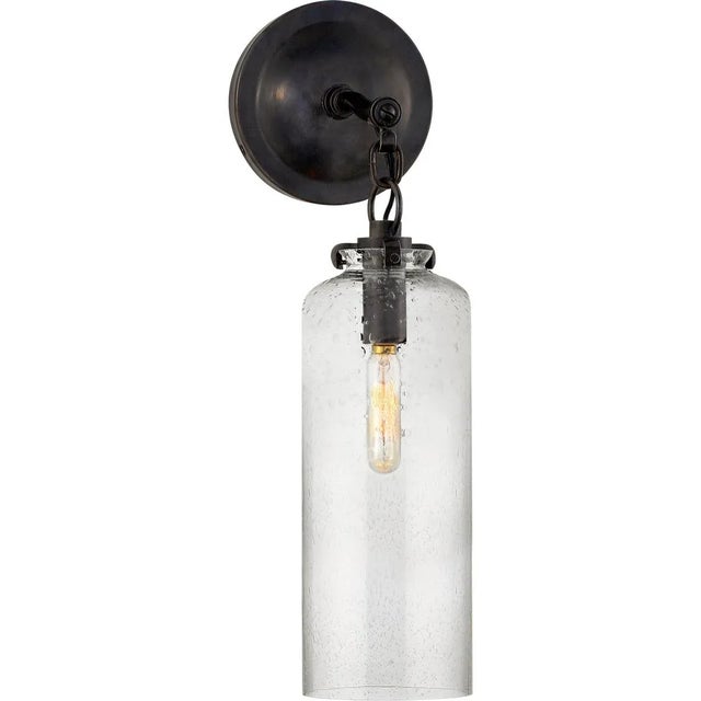 Transitional Thomas O'Brien for Visual Comfort Signature Katie Small Cylinder Sconce in Bronze with Seeded Glass For Sale - Image 3 of 4